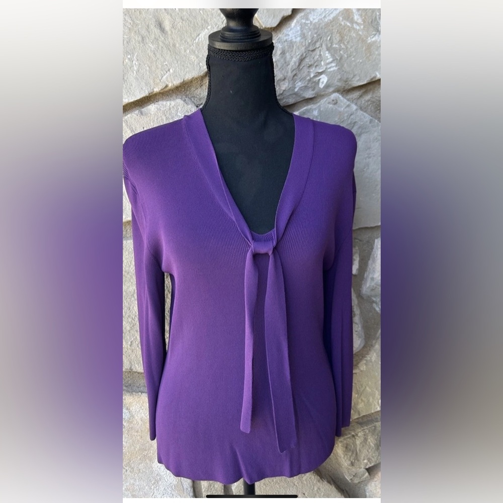 Vintage Marshall Fields Ribbed Knit Top Small Purple Easy‎ Care V Neck Bow